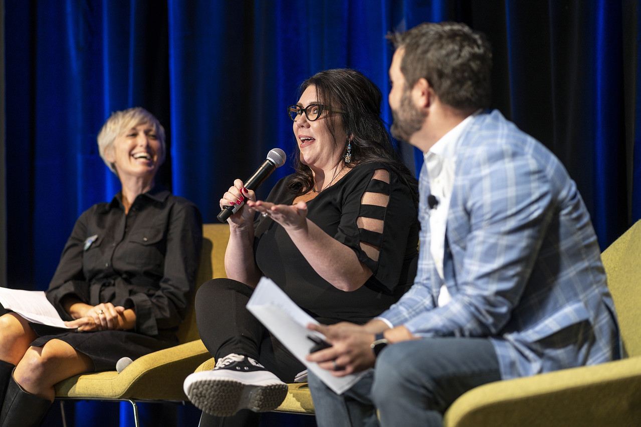 Andrea Viarrial-Murphy speaking on a trust-based philanthropy panel at the B:CIVIC Summit